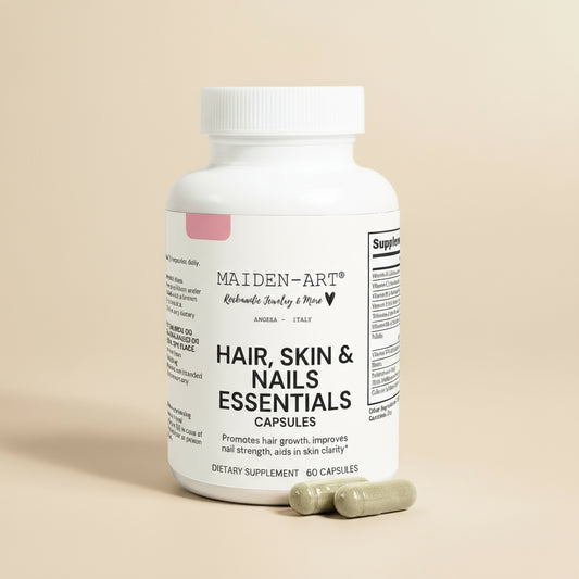 Supplement bottle labeled 'Hair, Skin & Nails Essentials' by Maiden-Art on a light tan background.