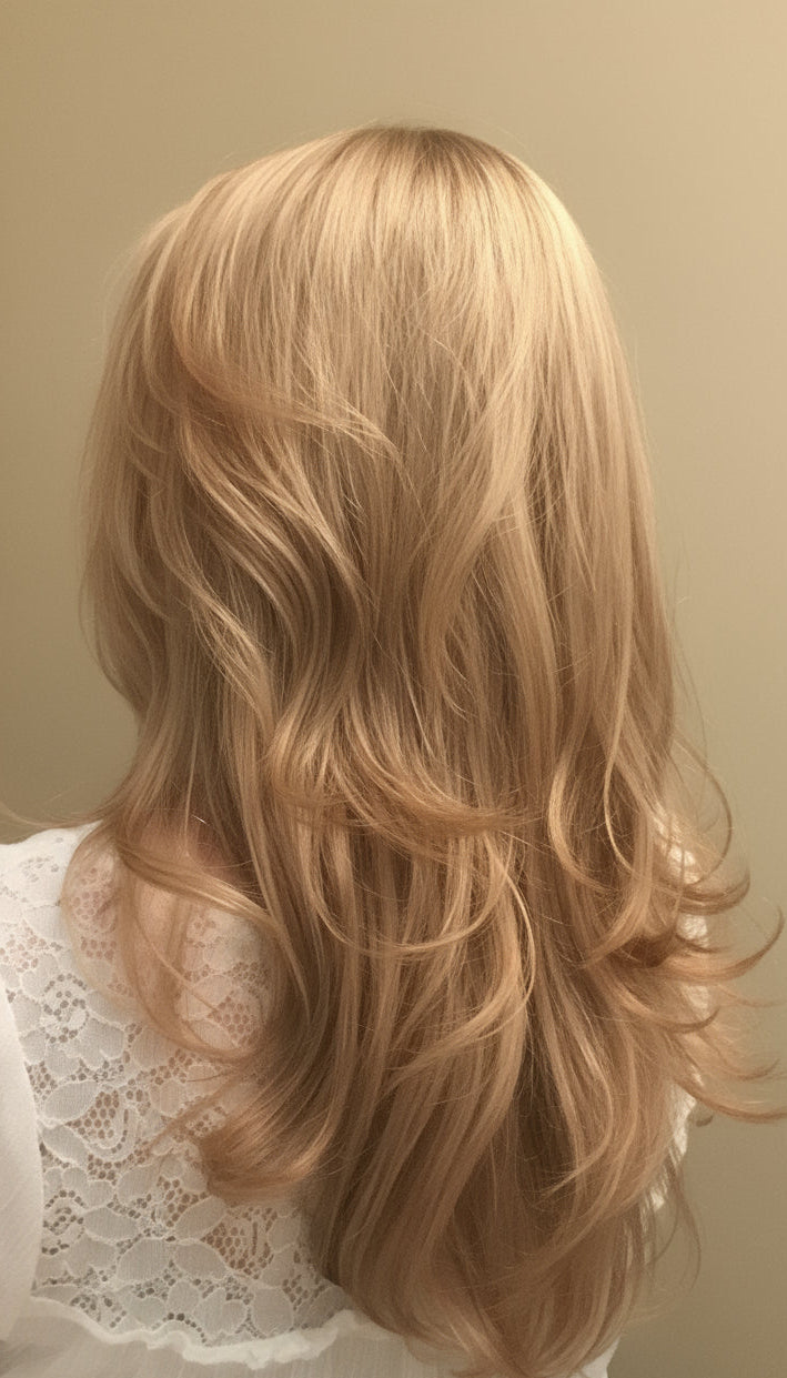 Blonde hair with waves styled in a side part, wearing a white lace top against a beige background