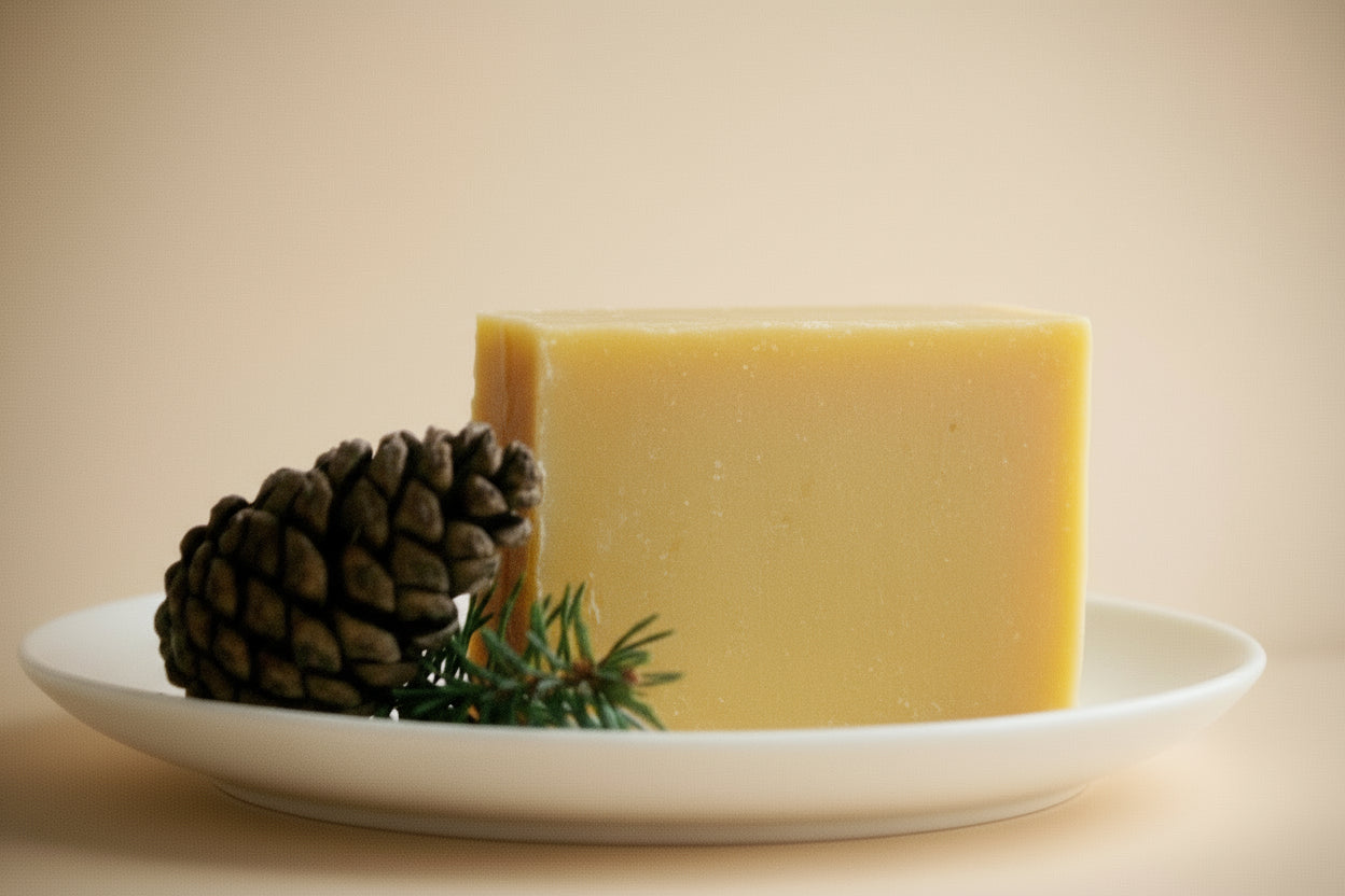 Bar of soap with a pine cone and branch on a white plate against a light background