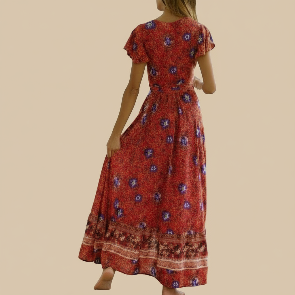 Red floral dress with a front slit worn by a model indoors.