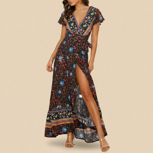 Woman wearing a floral dress with a slit on a beige background