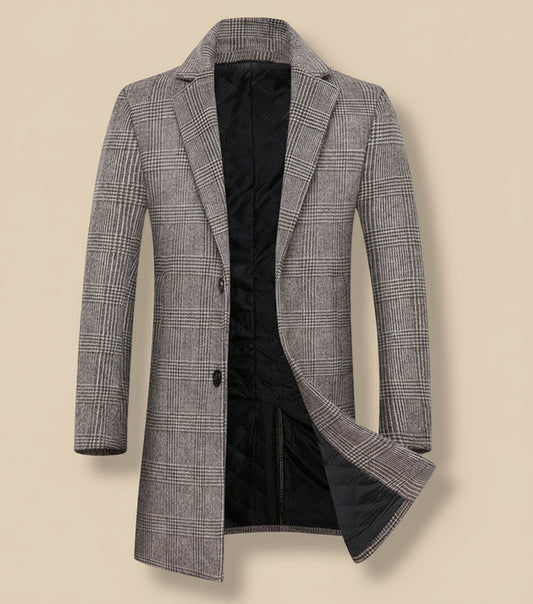 Gray checkered coat on a tan background