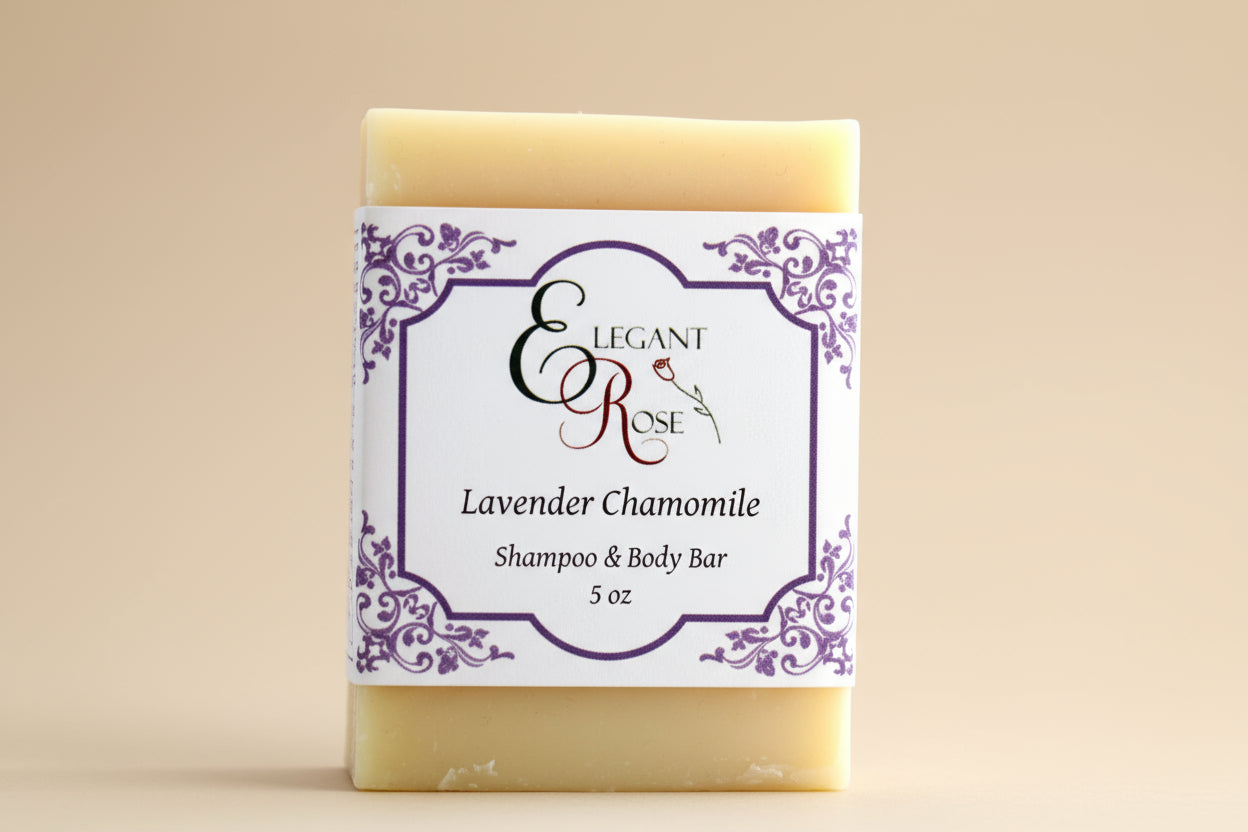 Lavender Chamomile shampoo and body bar with 'Elegant Rose' packaging on a tan background
