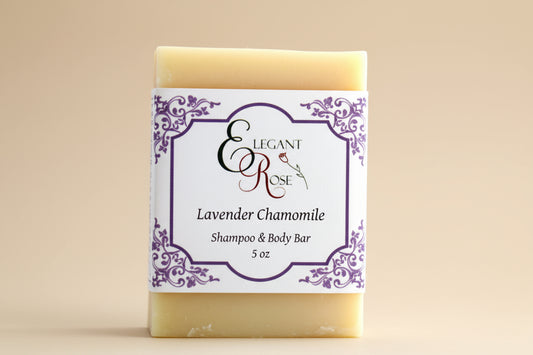 Lavender Chamomile shampoo and body bar with 'Elegant Rose' packaging on a tan background
