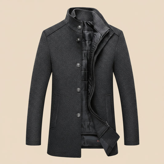 Gray coat with buttons on a tan background