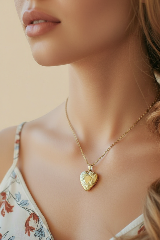 Gold heart-shaped necklace on a person's neck with a tan background