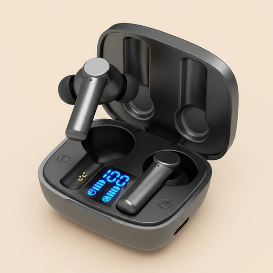 Black wireless earbuds in a charging case with a digital display on a white background