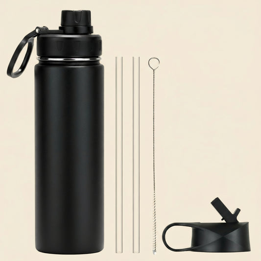 black stainless steel sport water bottle on tan background