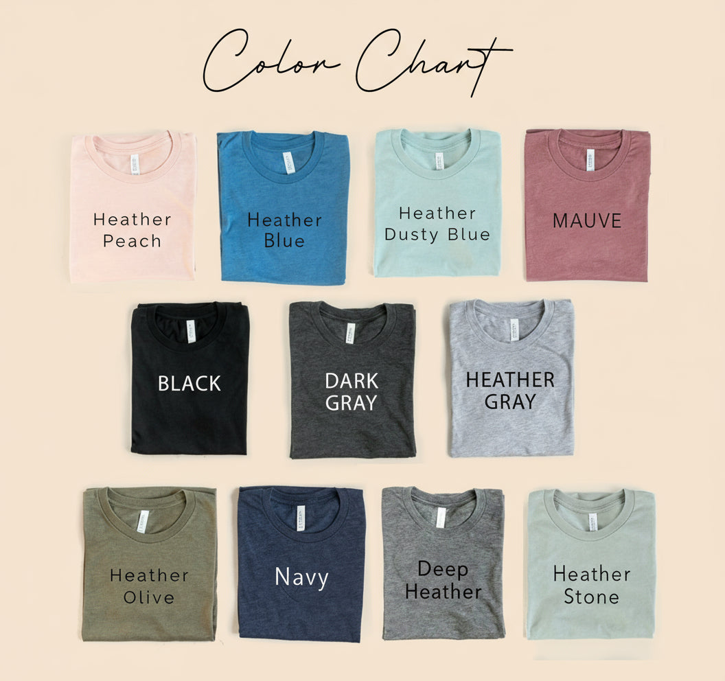 Color chart of folded shirts in various colors with labels on a white background