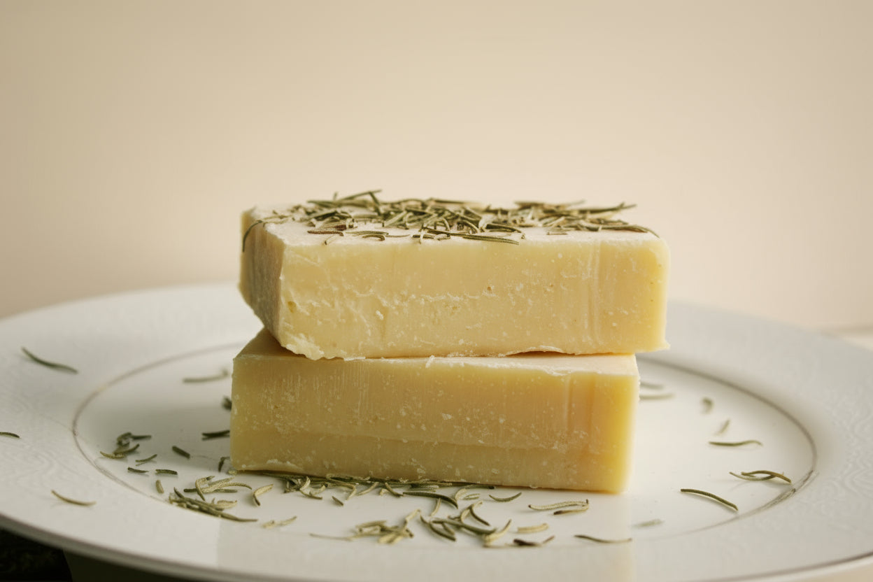 Two bars of soap with green herbs on a white plate against a beige background