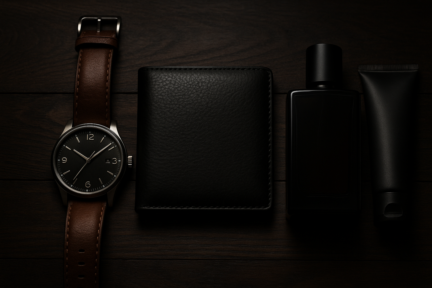 picture of watch, wallet, and cologne on a dark background.