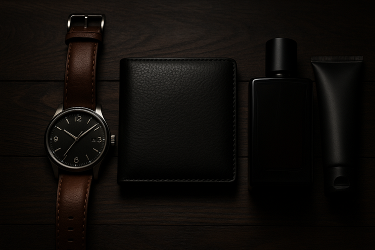 picture of watch, wallet, and cologne on a dark background.