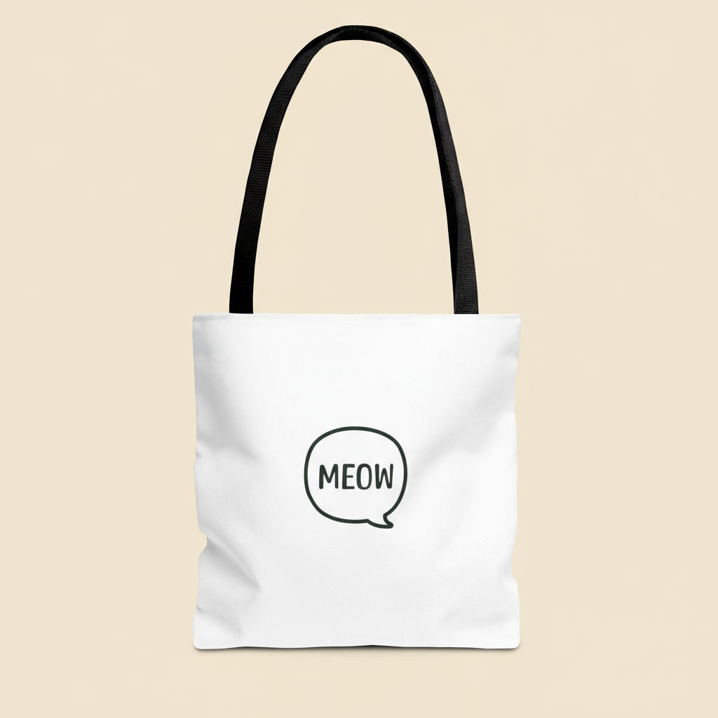 White tote bag with black handle and 'MEOW' print on a white background