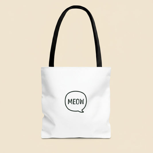 White tote bag with black handle and 'MEOW' print on a white background