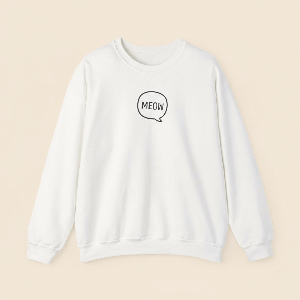 White sweatshirt with 'MEOW' text on a tan background