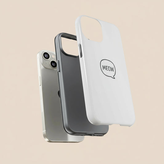 Three phone cases in white, gray, and silver on a tan background with 'MEOW' branding.