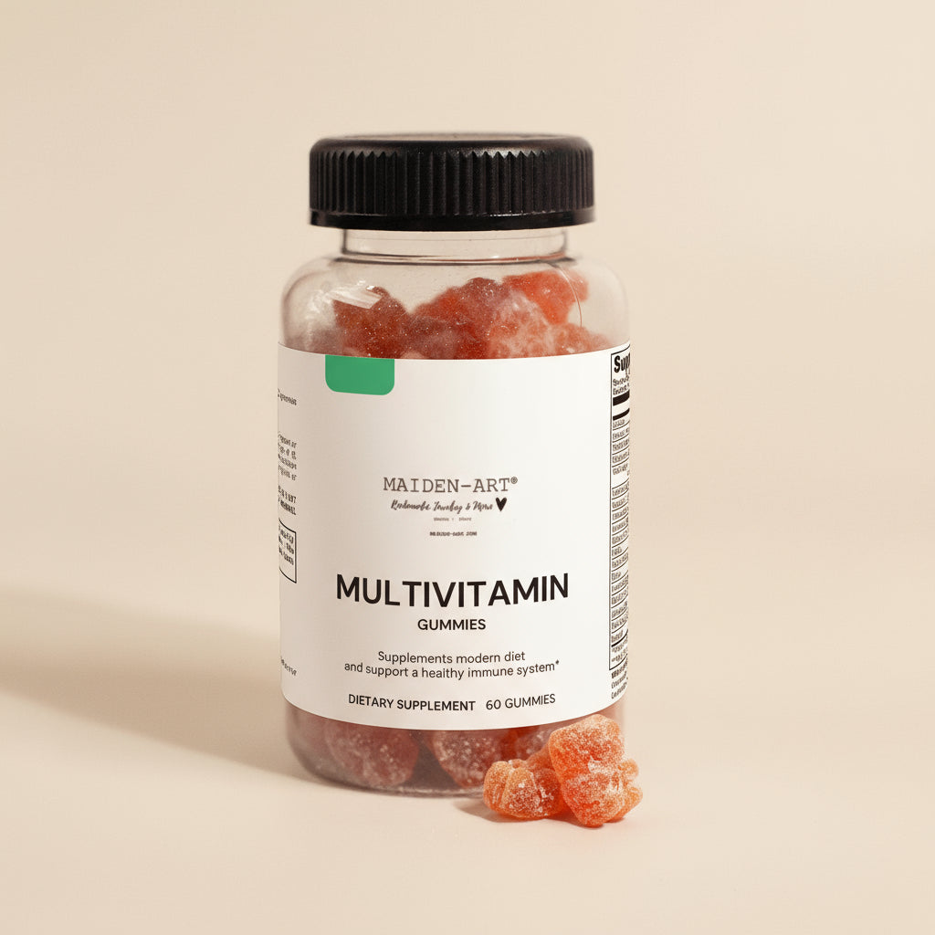 Multivitamin gummies in a bottle with a white label on a tan background