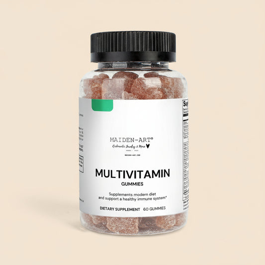 Bottle of Maiden-Are Multivitamin Gummies on a tan background