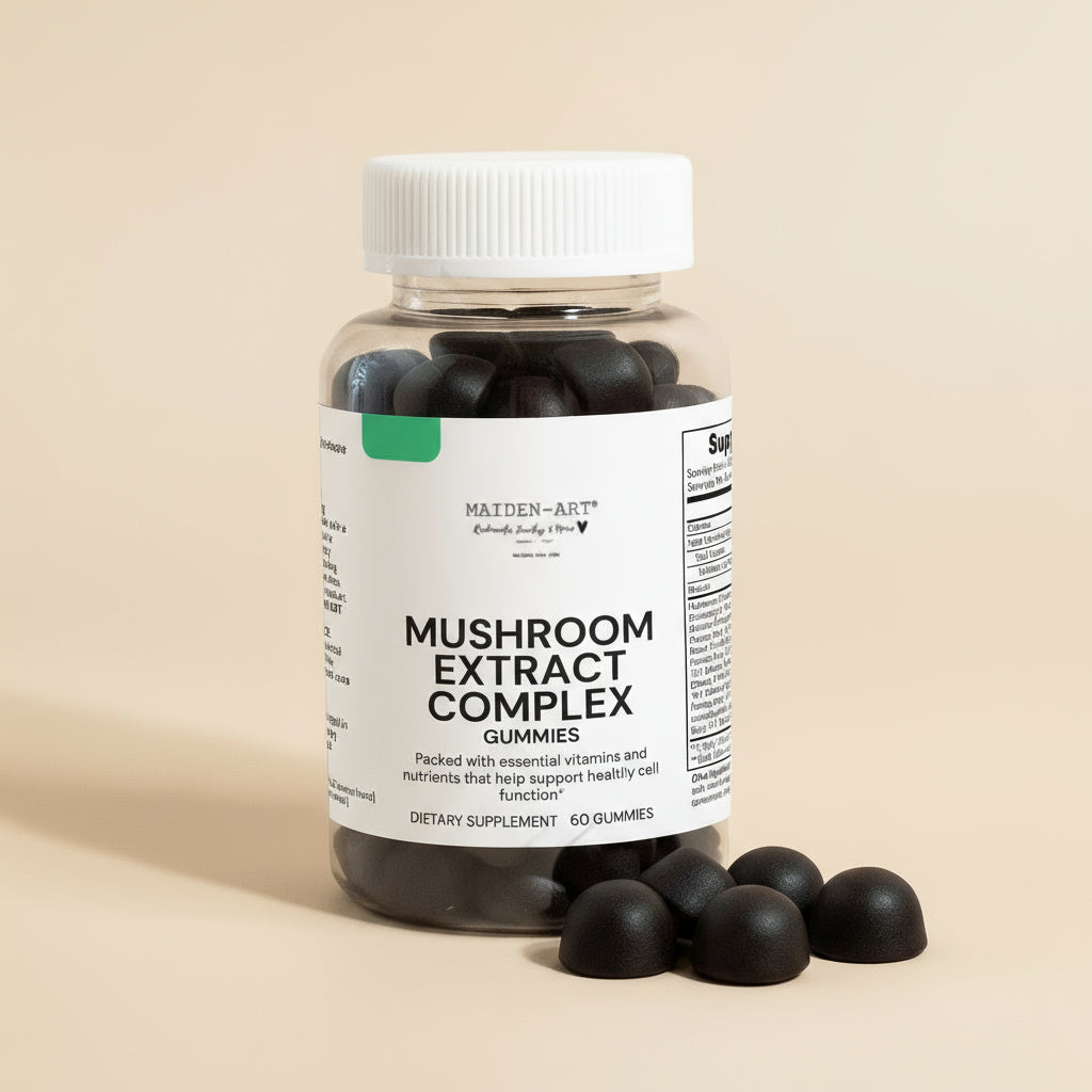 Bottle of Mushroom Extract Complex gummies with a white label on a light tan background.