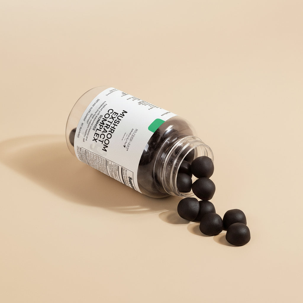 Supplement bottle with black capsules on a light tan background