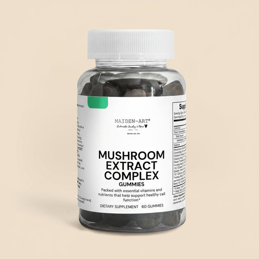 Bottle of Mushroom Extract Complex Gummies with a white label on a tan
 background