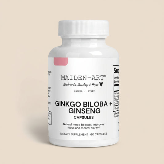 Supplement bottle labeled 'Maiden Art' with Ginkgo Biloba and Ginseng on a tan background
