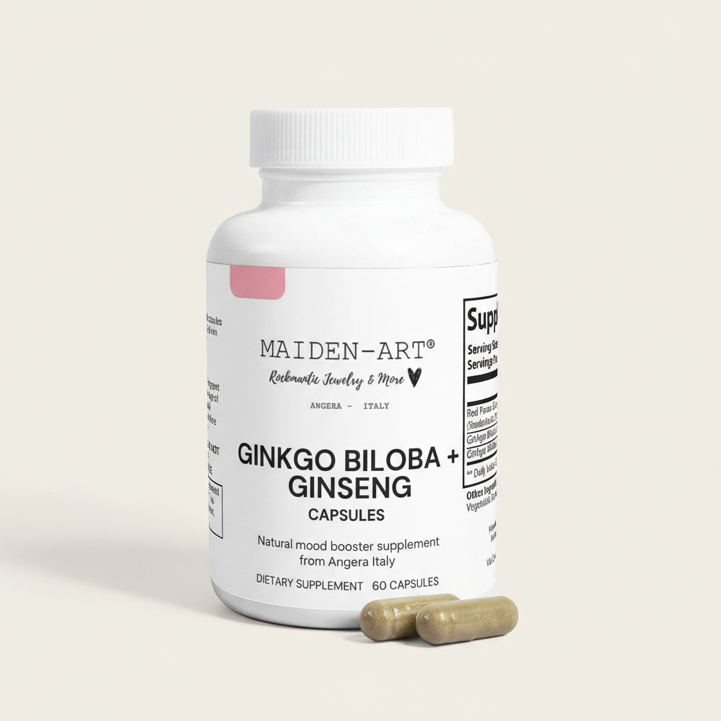 Supplement bottle labeled 'Maiden Art' with Ginkgo Biloba and Ginseng capsules on a tan background.