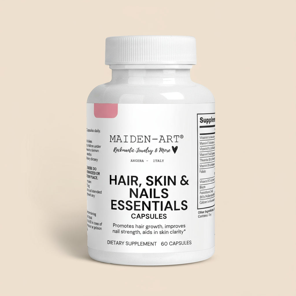 Supplement bottle labeled 'Hair, Skin & Nails Essentials' by Maiden Art on a tan background