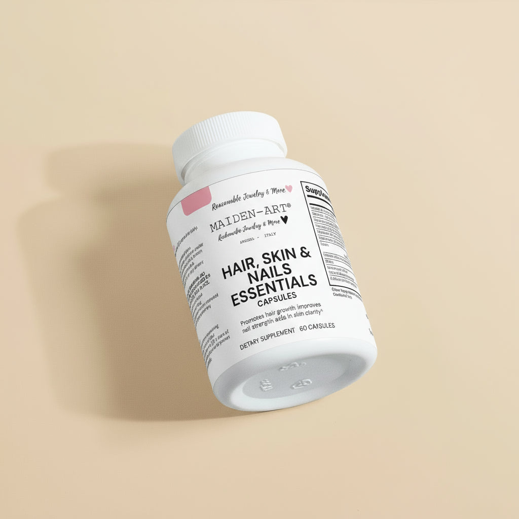 Supplement bottle labeled 'Hair, Skin & Nails Essentials' on a tan background