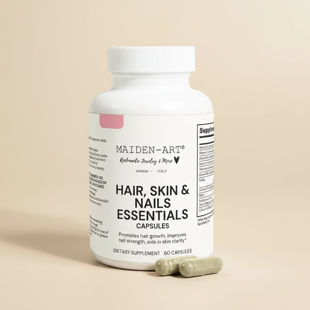 Supplement bottle labeled 'Hair, Skin & Nails Essentials' by Maiden-Art on a light tan background.