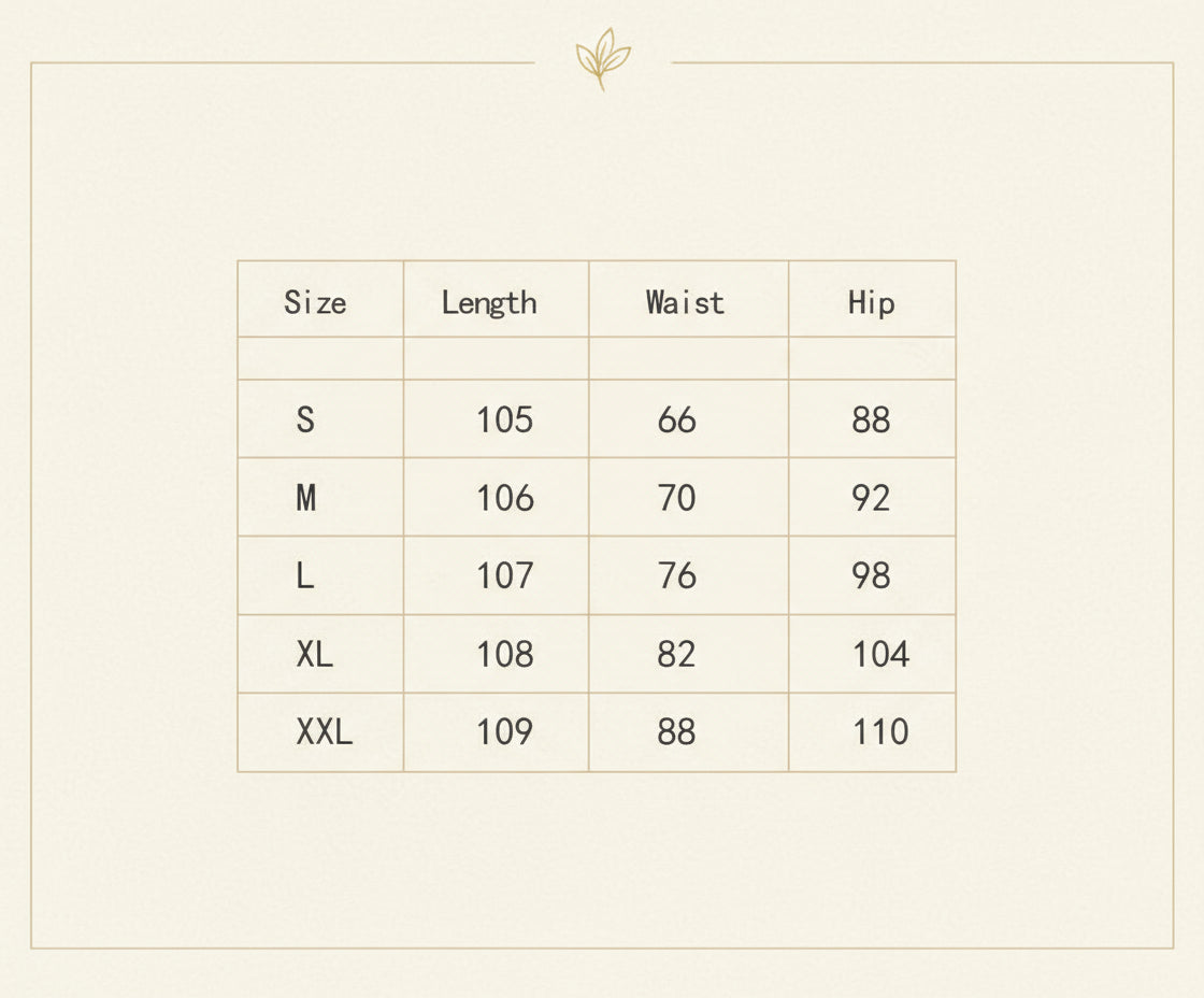 Table displaying size chart for pants with a model wearing the pants.