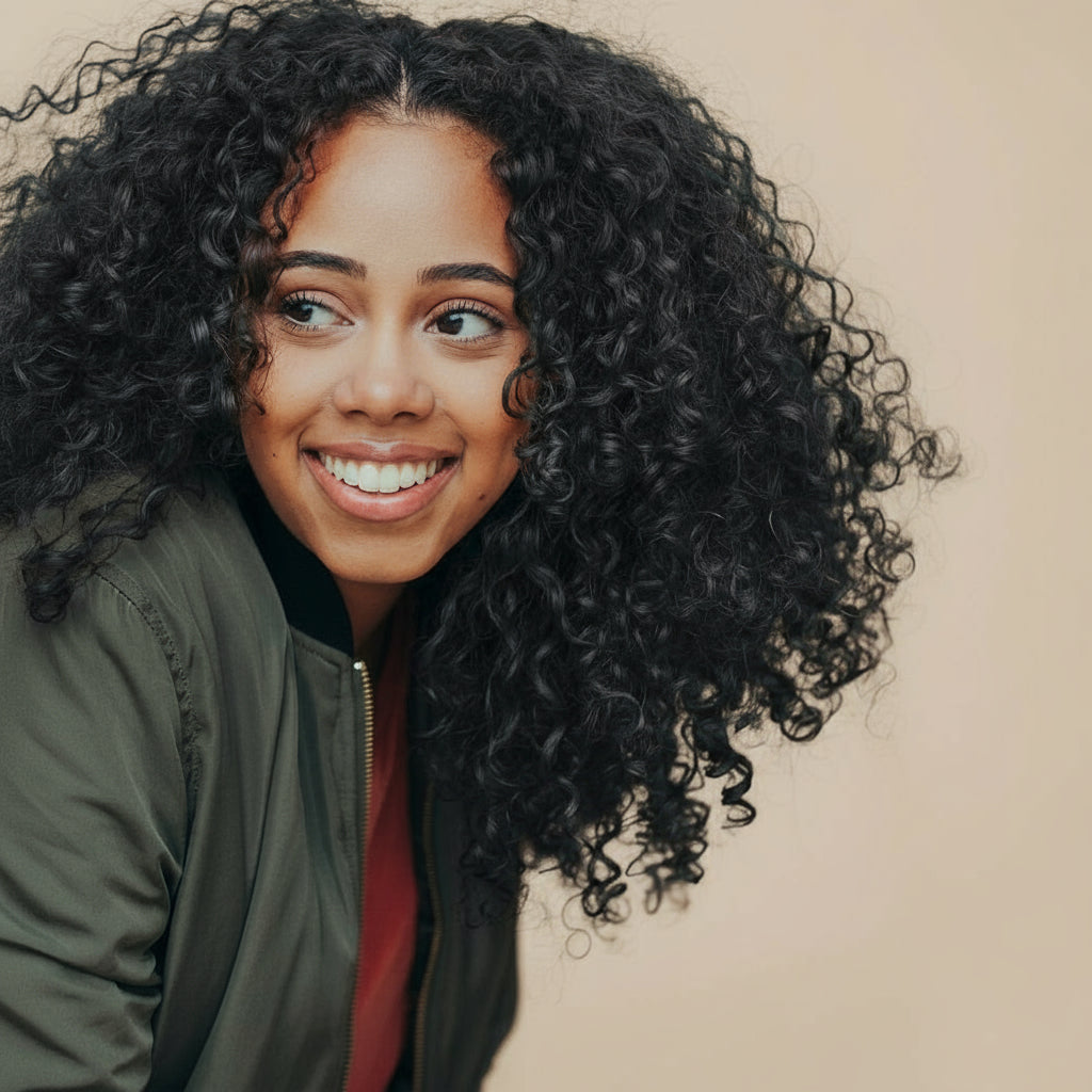 Woman with curly hair smiling,  on a tan background