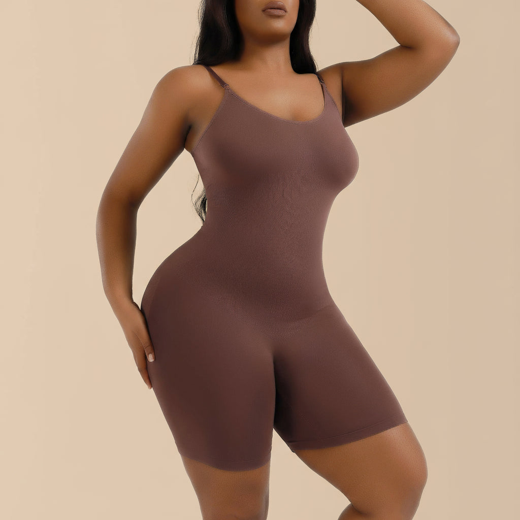 Brown bodysuit worn by a model on a tan background