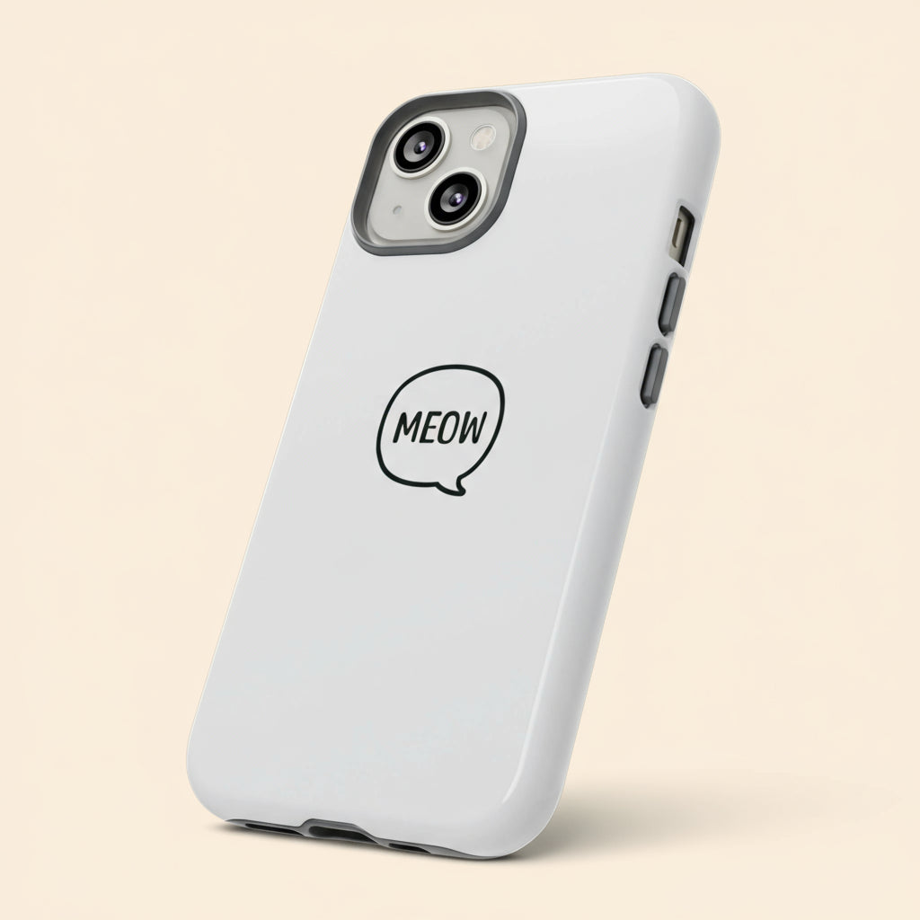 White phone case with 'MEOW' text on a tan background