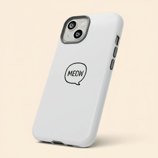 White phone case with 'MEOW' text on a tan background