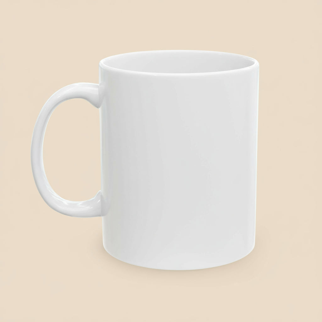 back of ceramic mug on a tan background