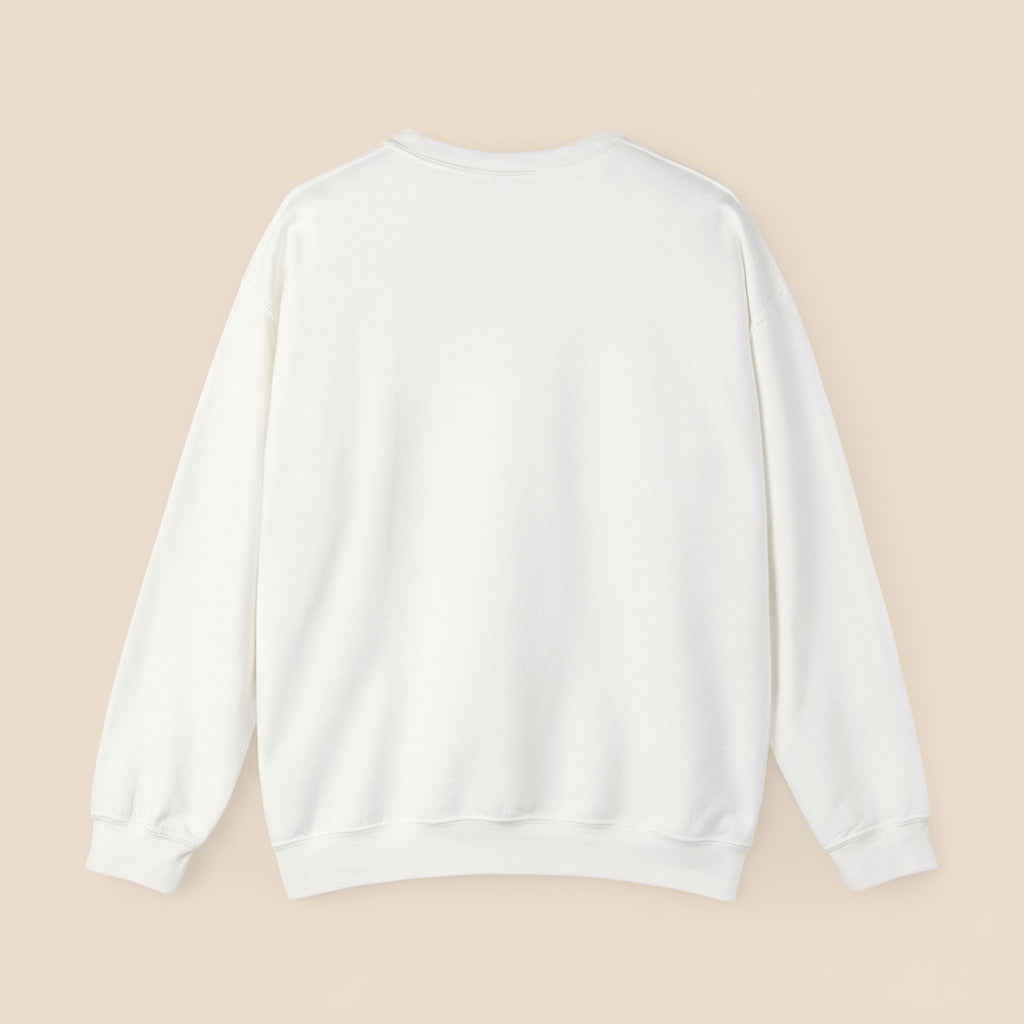 back of White sweatshirt on a tan background