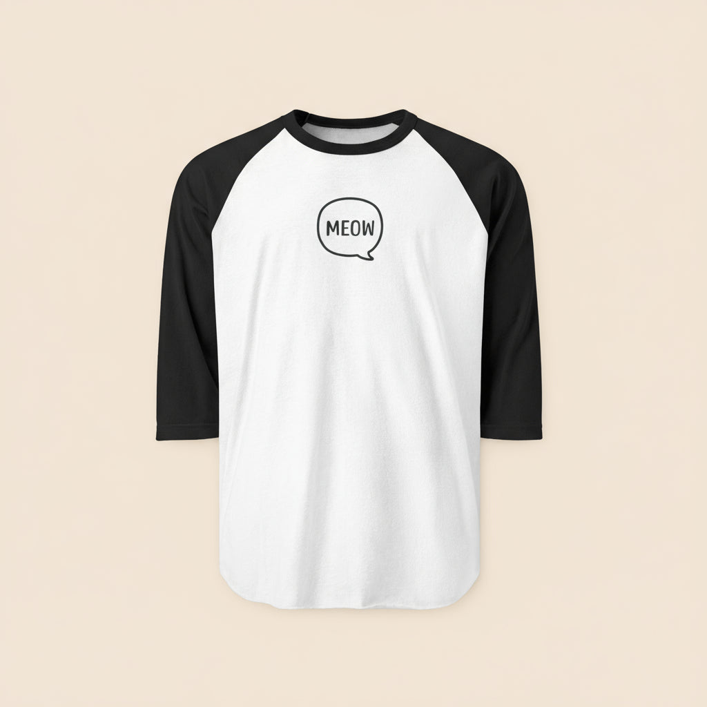 Black and white baseball shirt with 'MEOW' print on a white background