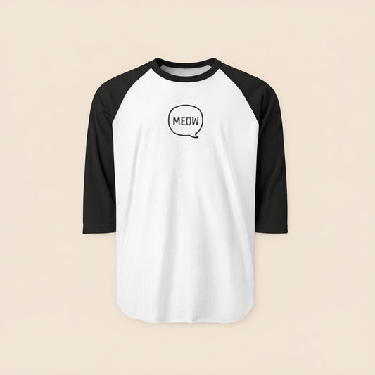 Black and white baseball shirt with 'MEOW' print on a white background