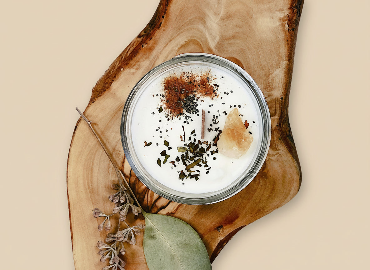 Candle in a glass jar with decorative elements on a wooden board