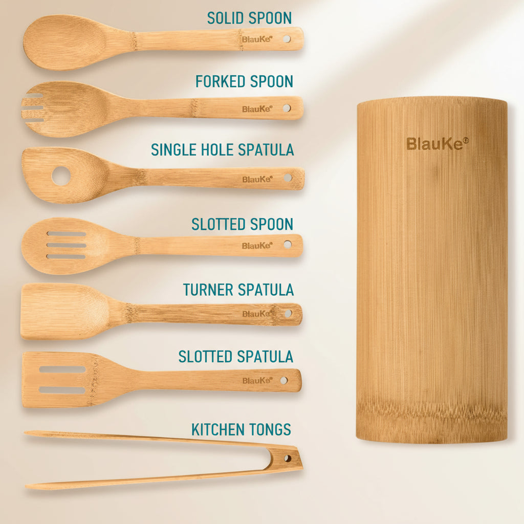 Set of wooden kitchen utensils with BlauKe branding and dimensions displayed.
