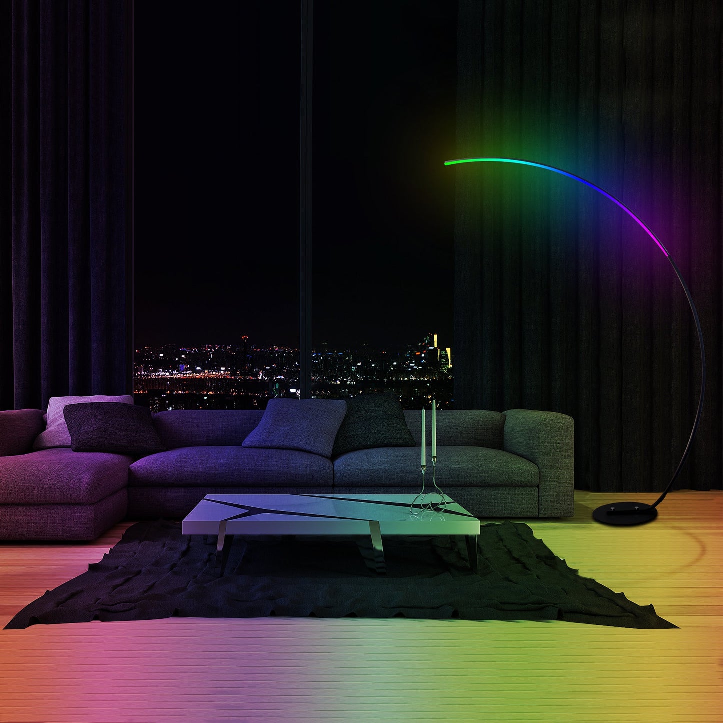 Modern living room with a colorful floor lamp and cityscape view.