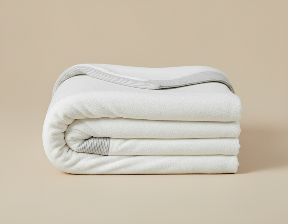 White blanket with gray trim on a beige background