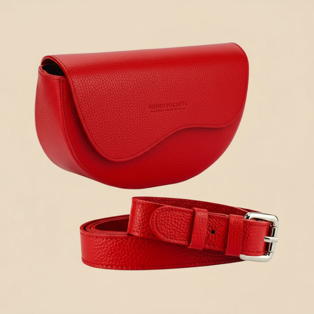 Italian Leather Crossbody Bag – Red Curved Flap by Renato Borzatta