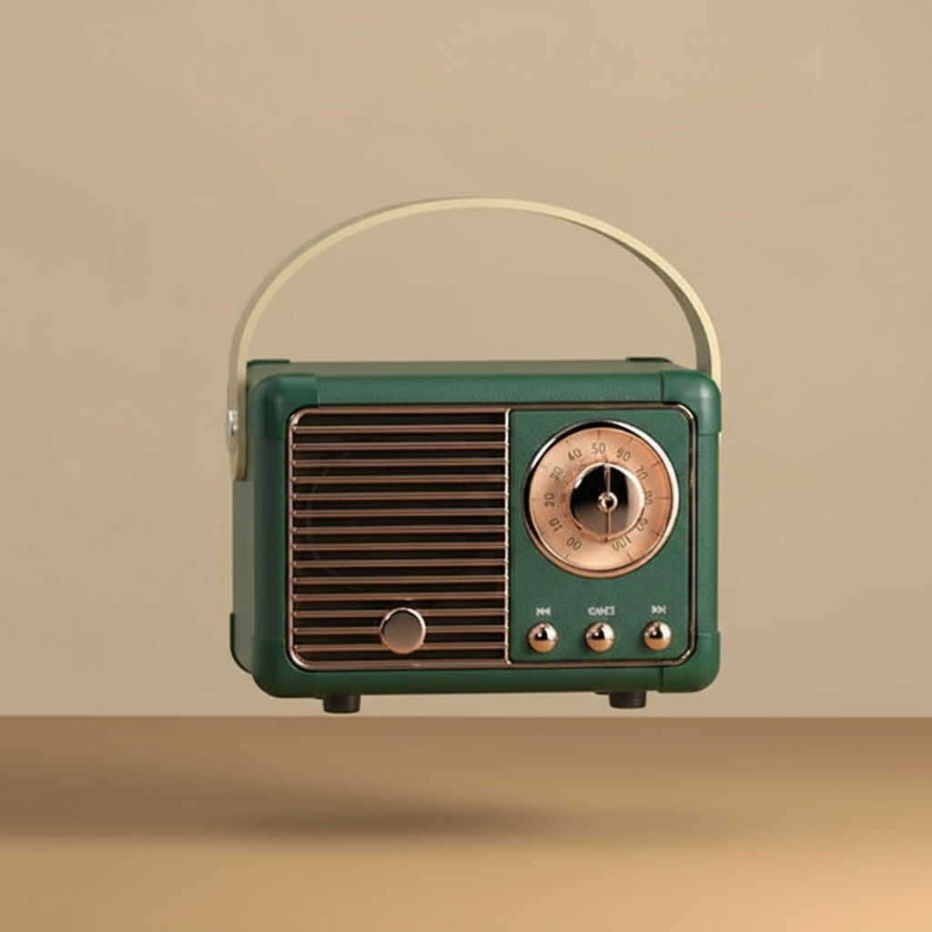 Vintage-style green radio in front of a tan background.