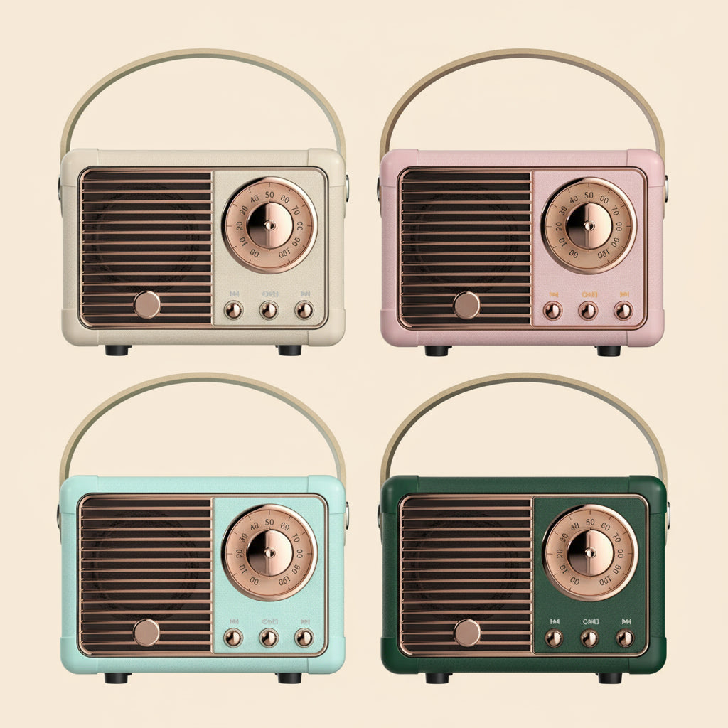Four vintage-style radios in different colors on a beige background