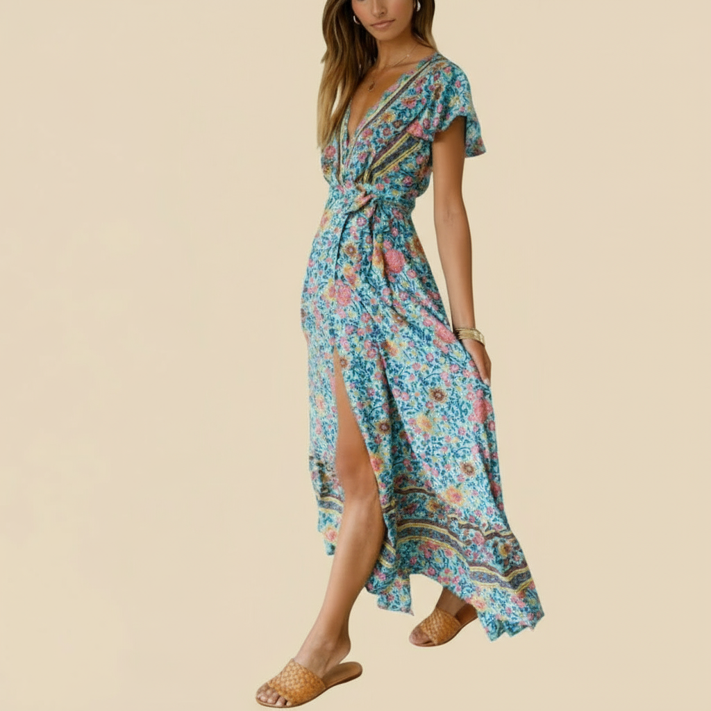 Woman wearing a floral dress with a tan background