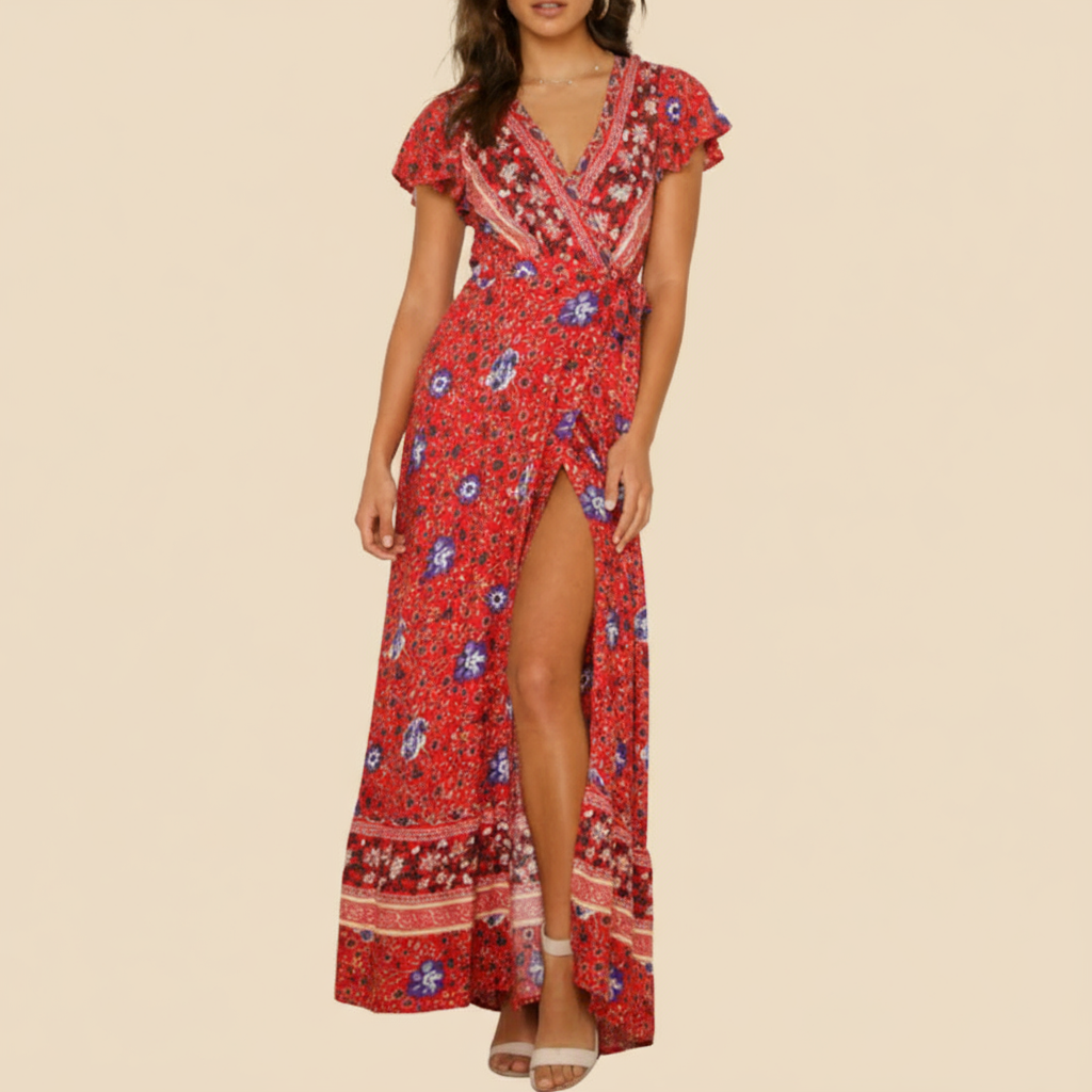 Red floral dress with a slit on a tan background