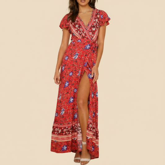 Red floral dress with a slit on a tan background