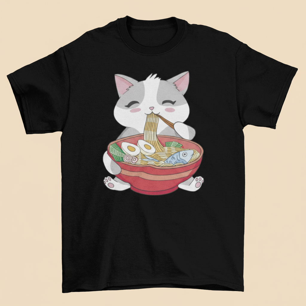 Black t-shirt with a cartoon cat eating ramen design on a tan background